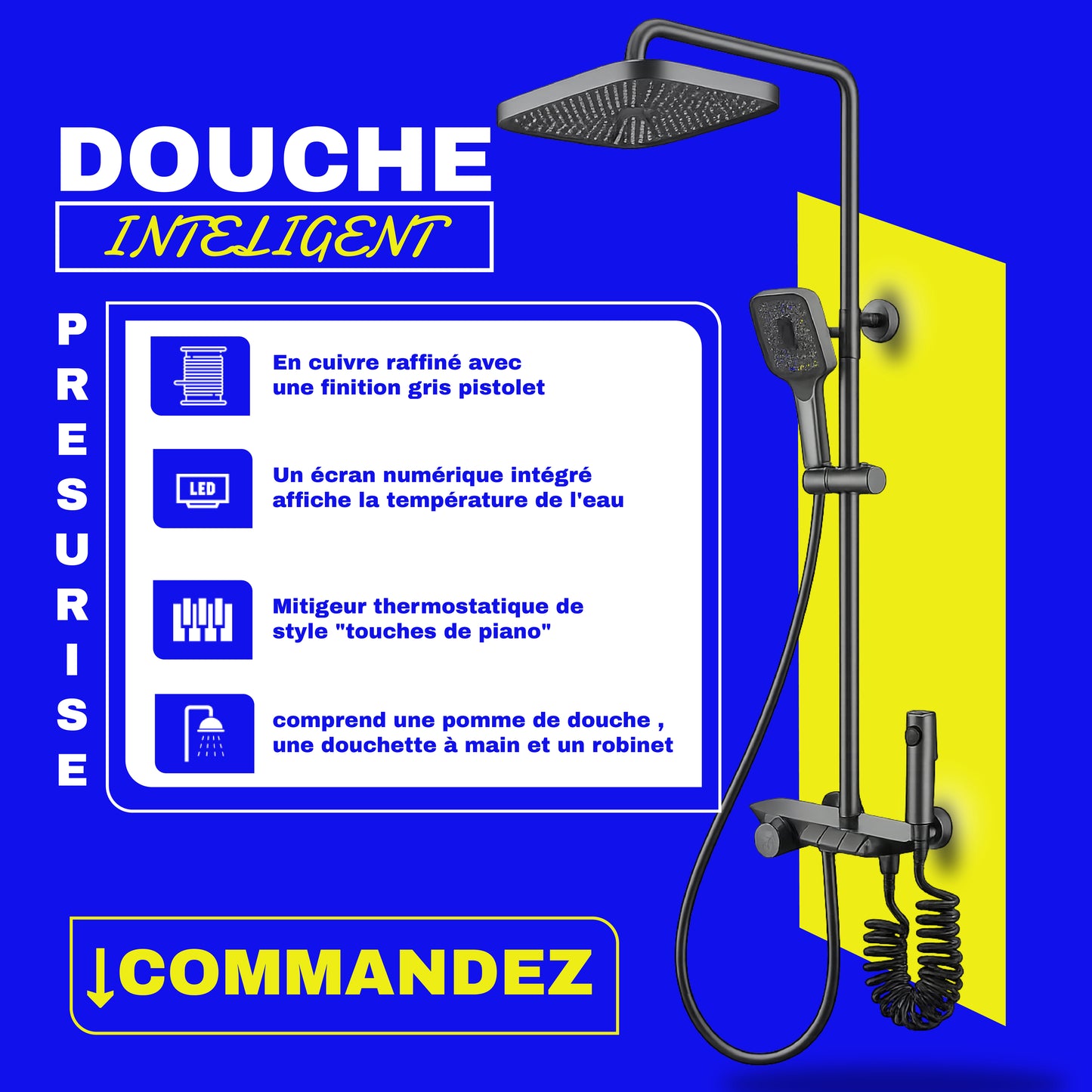 Douche intelligente pressurisée à température constante à effet pluie 4 en 1