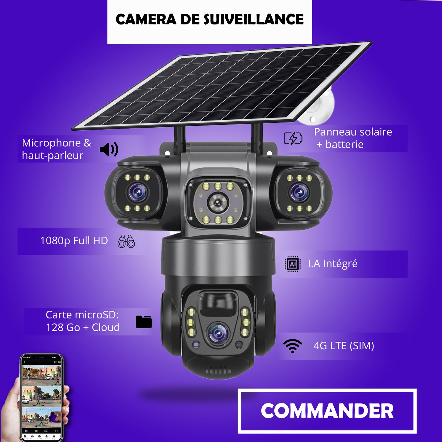 cnk- Caméra de Surveillance Solaire 4G Intelligente : à 03 objectifs