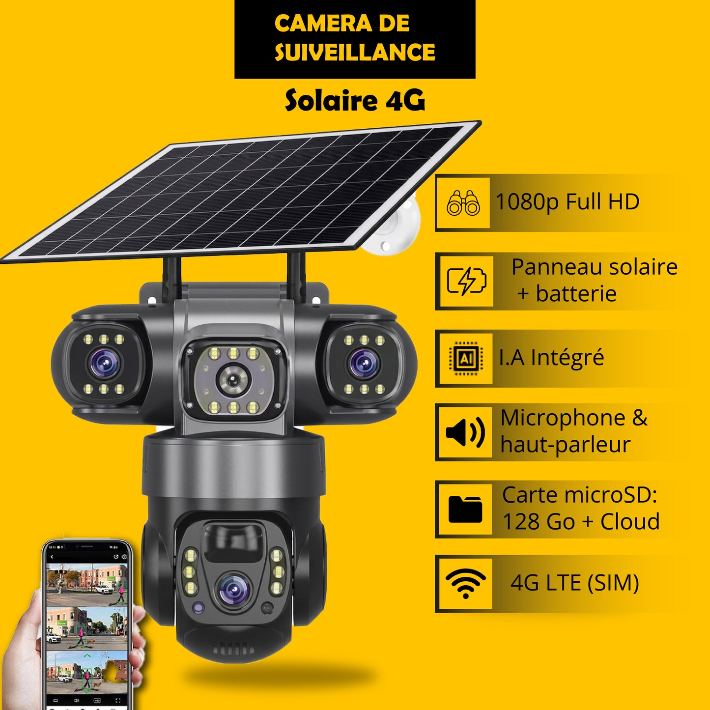 cnk- Caméra de Surveillance Solaire 4G Intelligente : à 03 objectifs