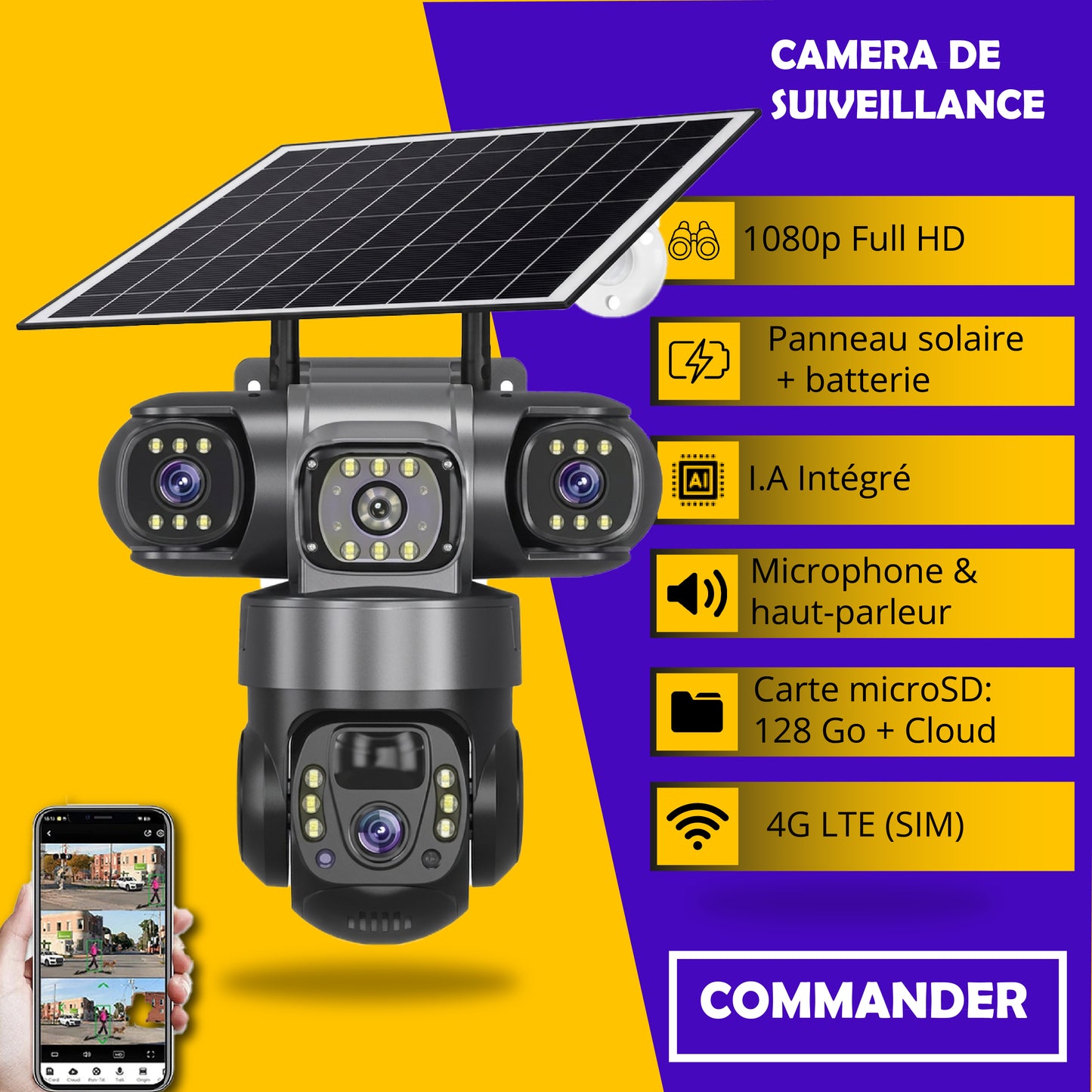 cnk- Caméra de Surveillance Solaire 4G Intelligente : à 03 objectifs