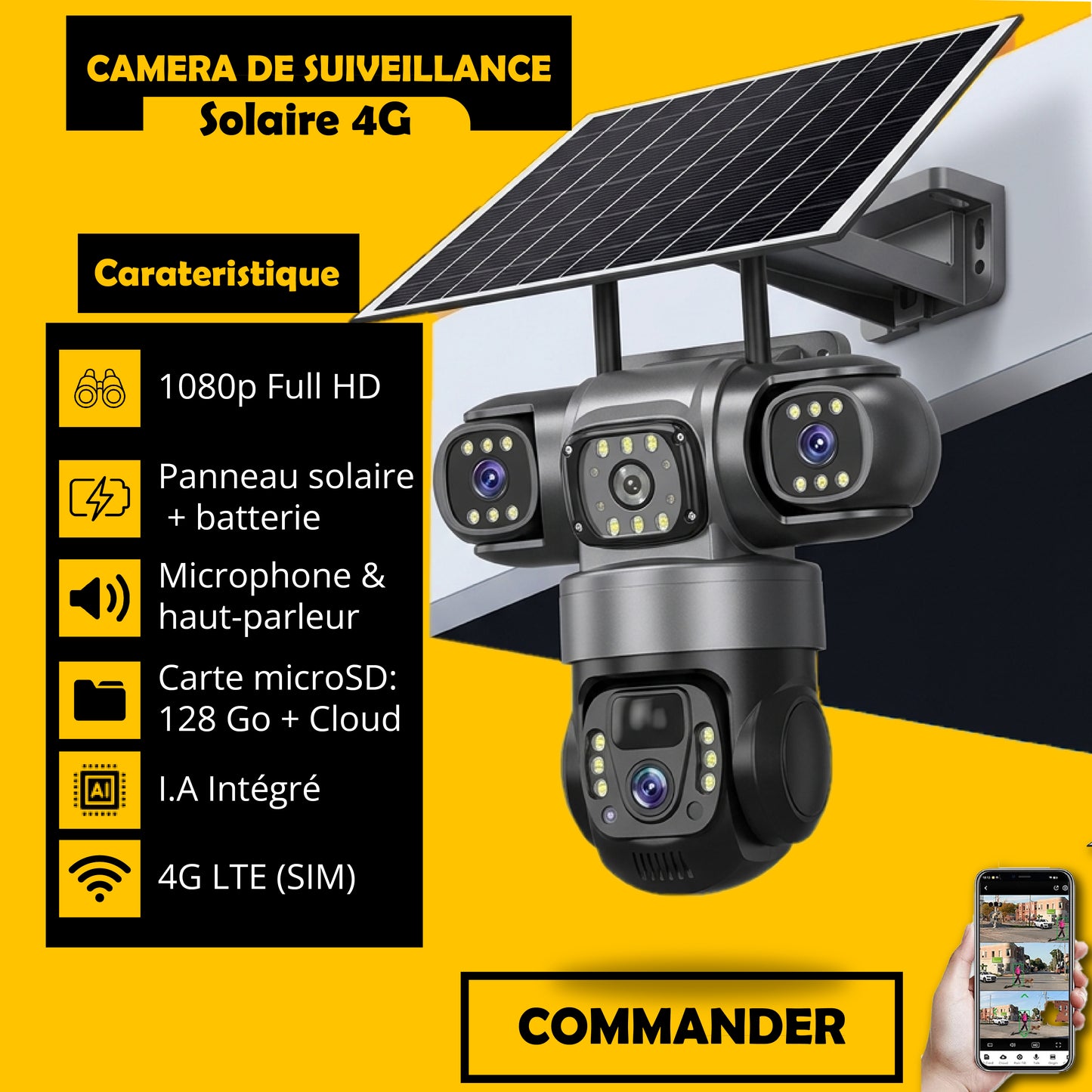 cnk- Caméra de Surveillance Solaire 4G Intelligente : à 03 objectifs