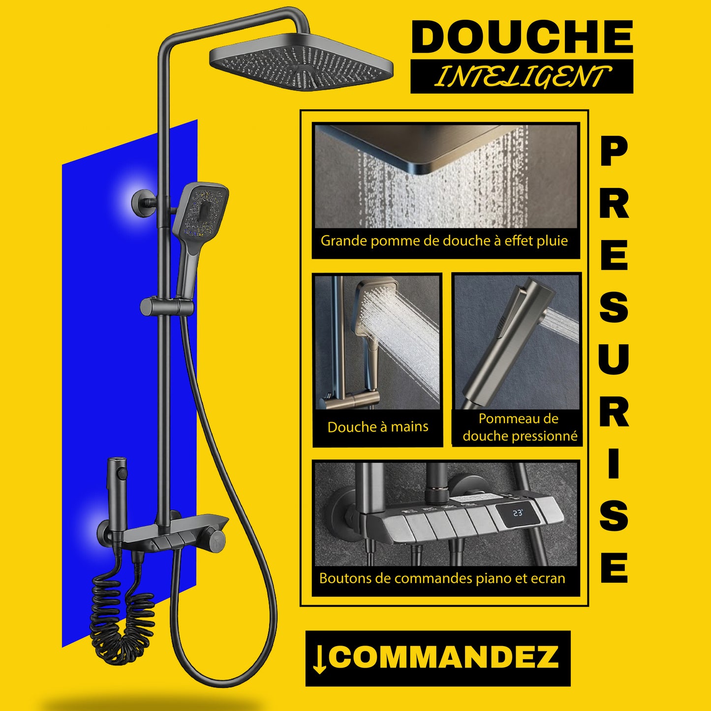 Douche intelligente pressurisée à température constante à effet pluie 4 en 1