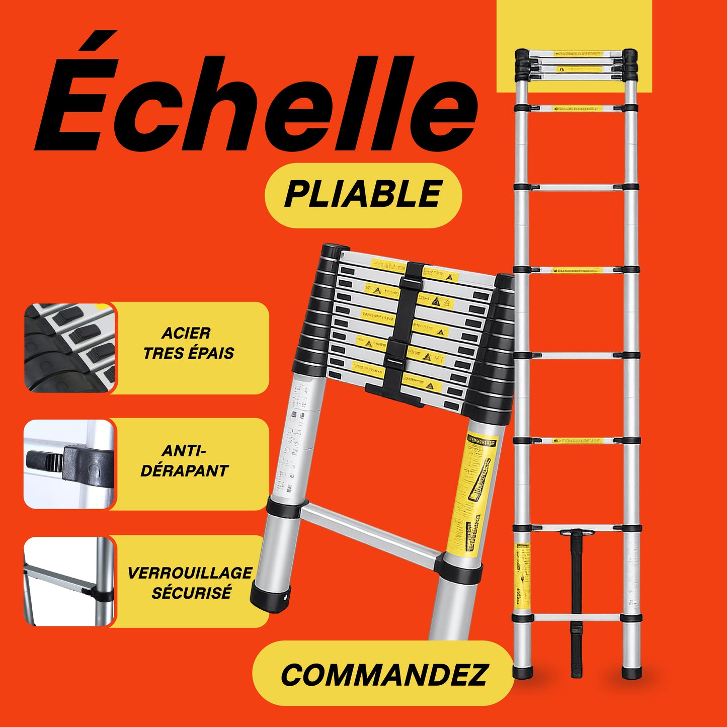 Echelle Télescopique Polyvalente 3,8M – Légère, Sécurisée et Facile à Ranger 🔧