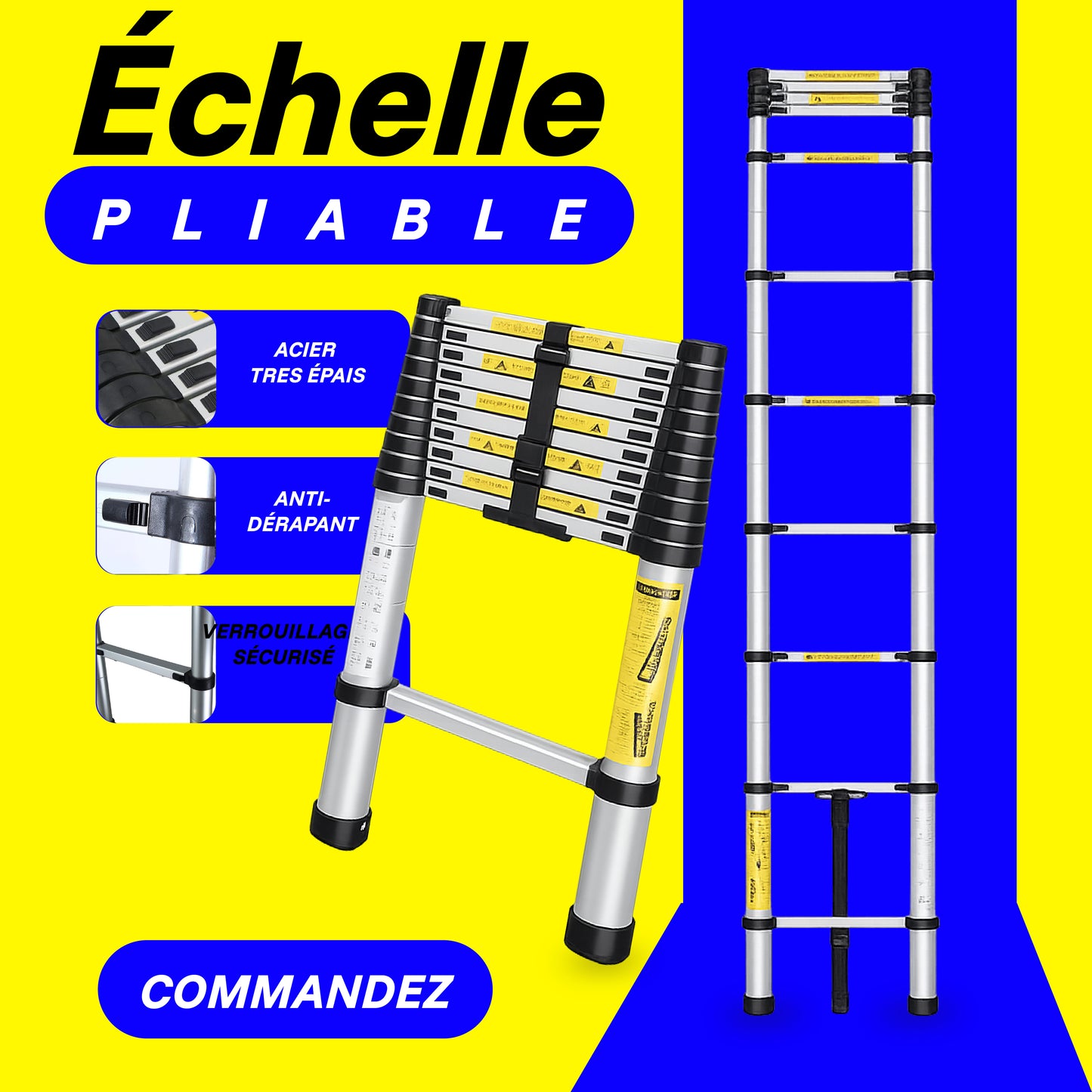 Echelle Télescopique Polyvalente 3,8M – Légère, Sécurisée et Facile à Ranger 🔧