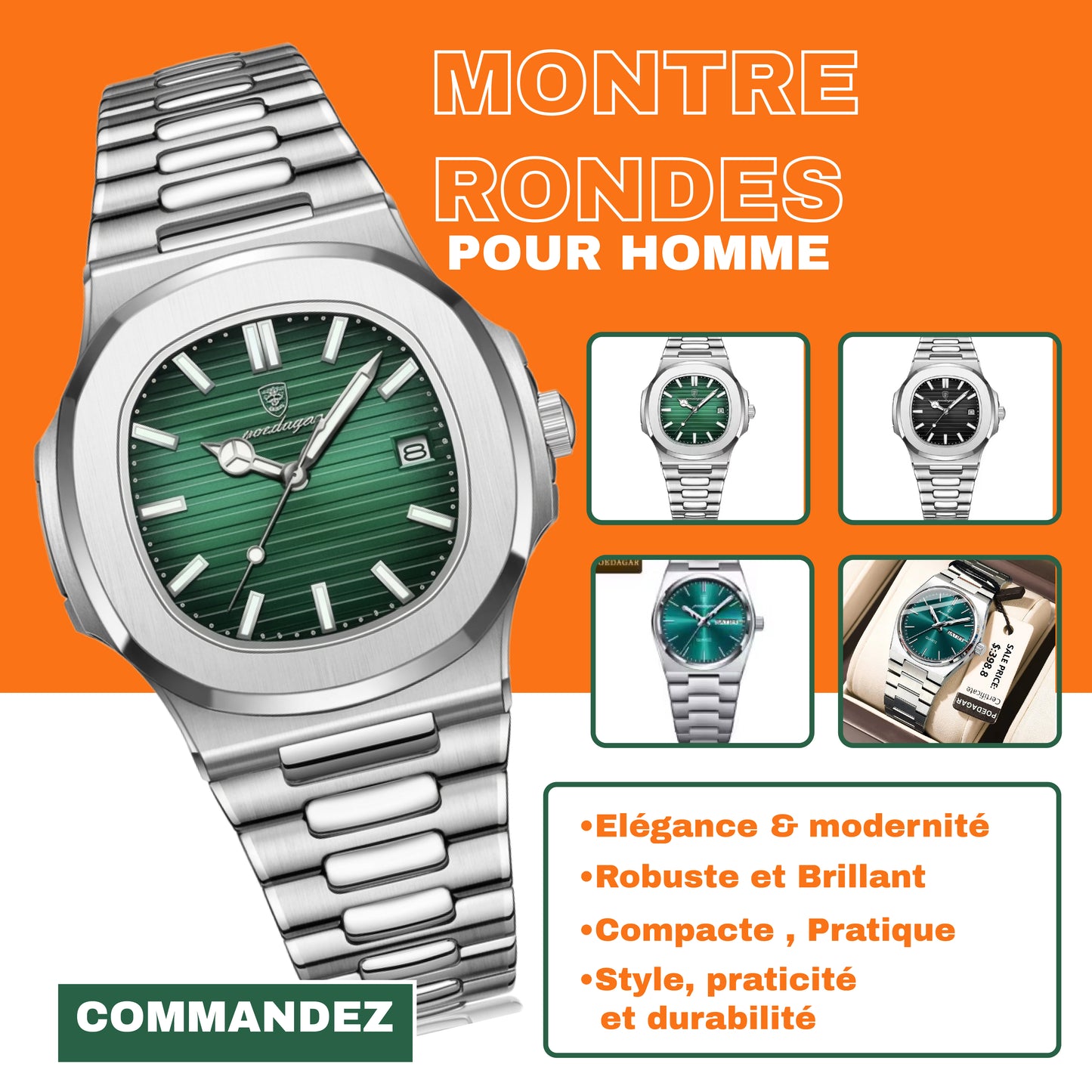 Poedagar Montre Carrée & Ronde pour Hommes en Acier Inoxydable - Collection Élégance et Fonctionnalité