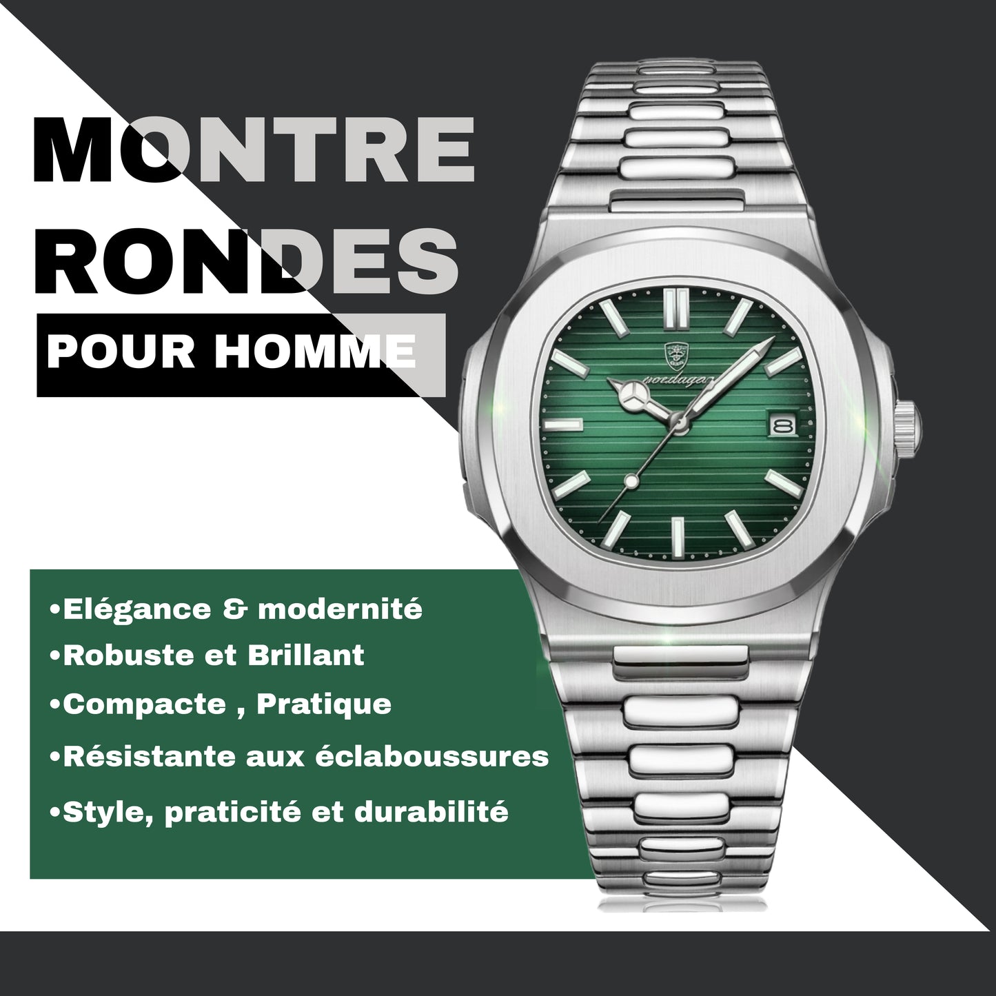Poedagar Montre Carrée & Ronde pour Hommes en Acier Inoxydable - Collection Élégance et Fonctionnalité