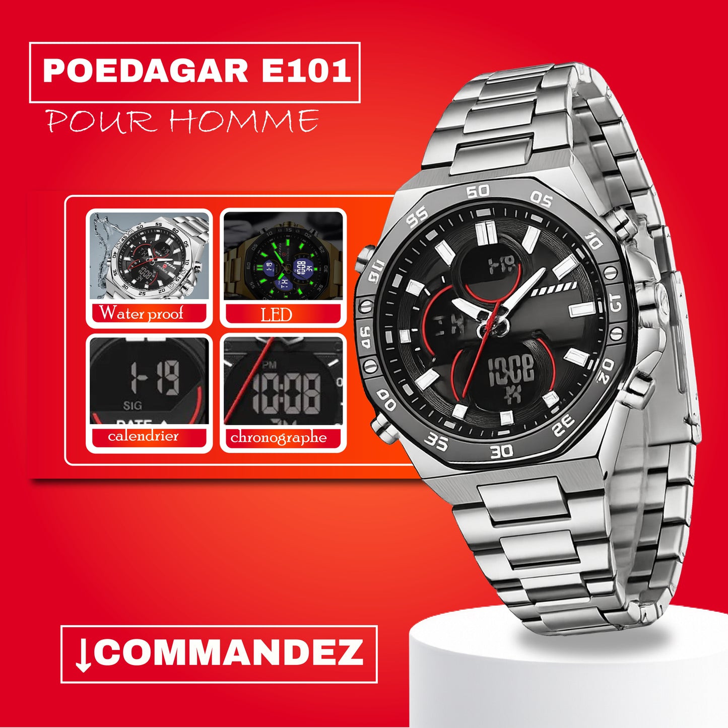 Poedagar Montre Carrée & Ronde pour Hommes en Acier Inoxydable - Collection Élégance et Fonctionnalité