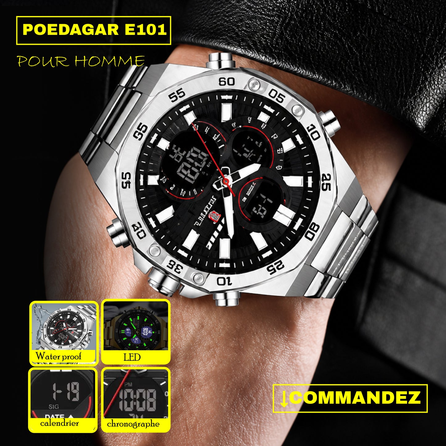 Poedagar Montre Carrée & Ronde pour Hommes en Acier Inoxydable - Collection Élégance et Fonctionnalité
