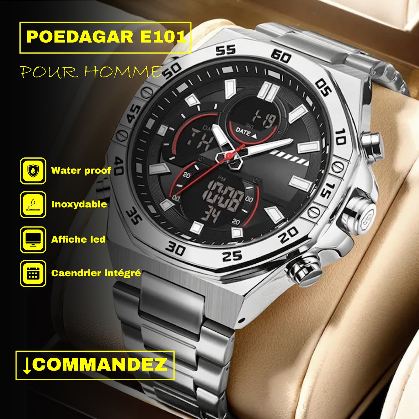 Poedagar Montre Carrée & Ronde pour Hommes en Acier Inoxydable - Collection Élégance et Fonctionnalité