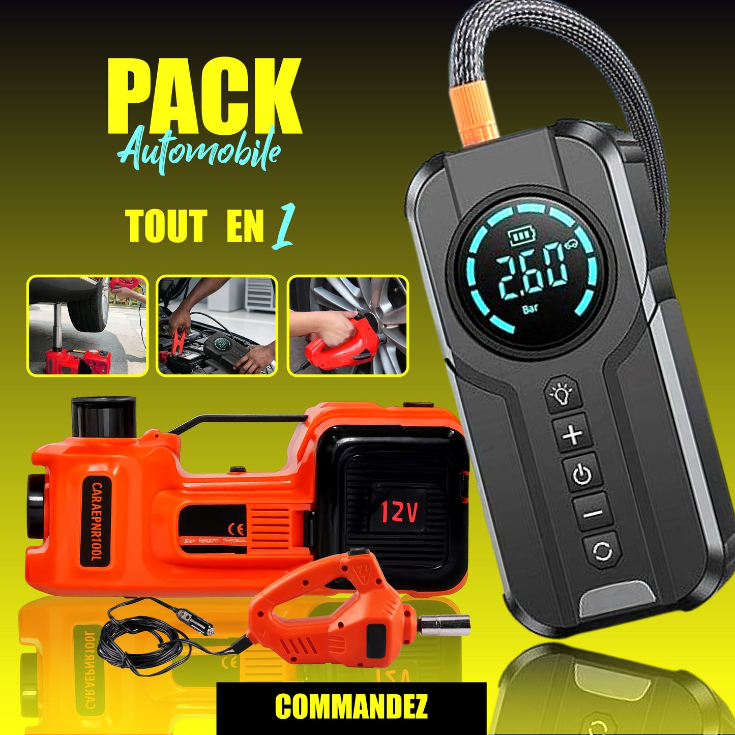 SUPER PACK URGENCE AUTO 7 EN 1  : CRIC ELECTRIQUE  & DEMAREUR DE VOITURE