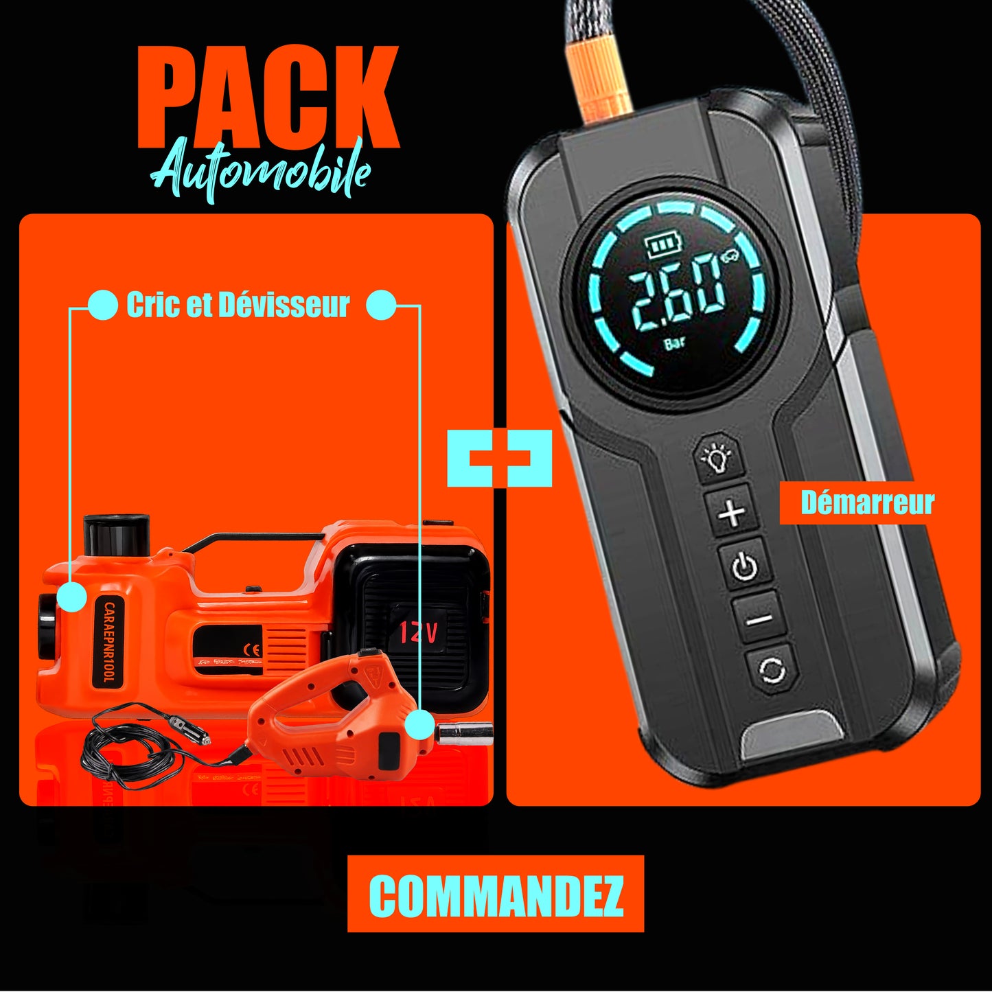SUPER PACK URGENCE AUTO 7 EN 1  : CRIC ELECTRIQUE  & DEMAREUR DE VOITURE