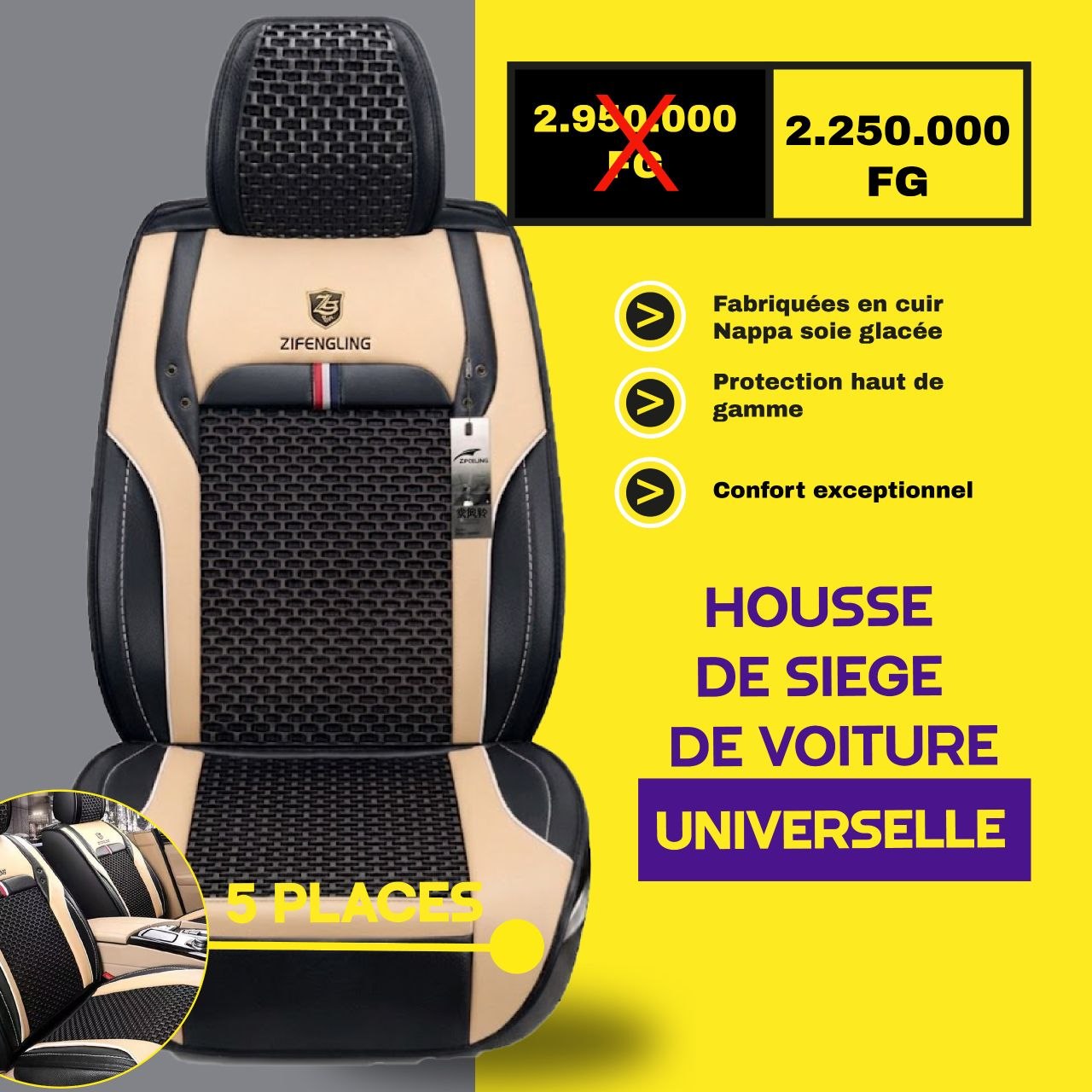 Fb- V2 - conakry - Housses de Siège Universelles 5 Places en Cuir
