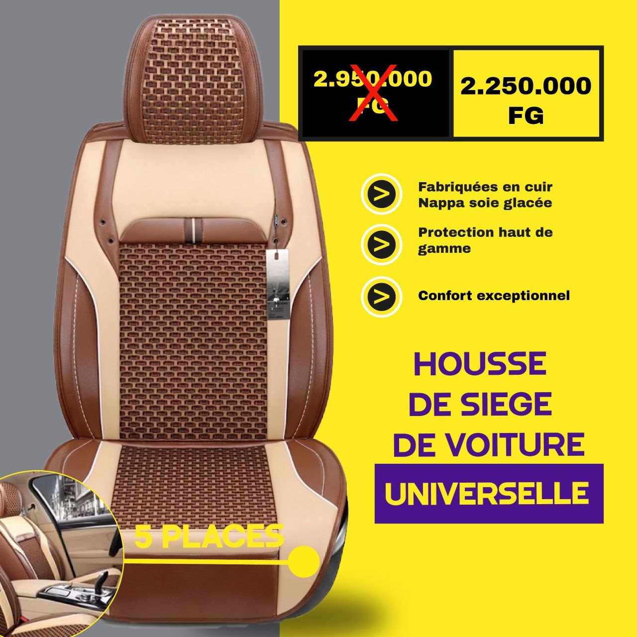 Fb- V2 - conakry - Housses de Siège Universelles 5 Places en Cuir