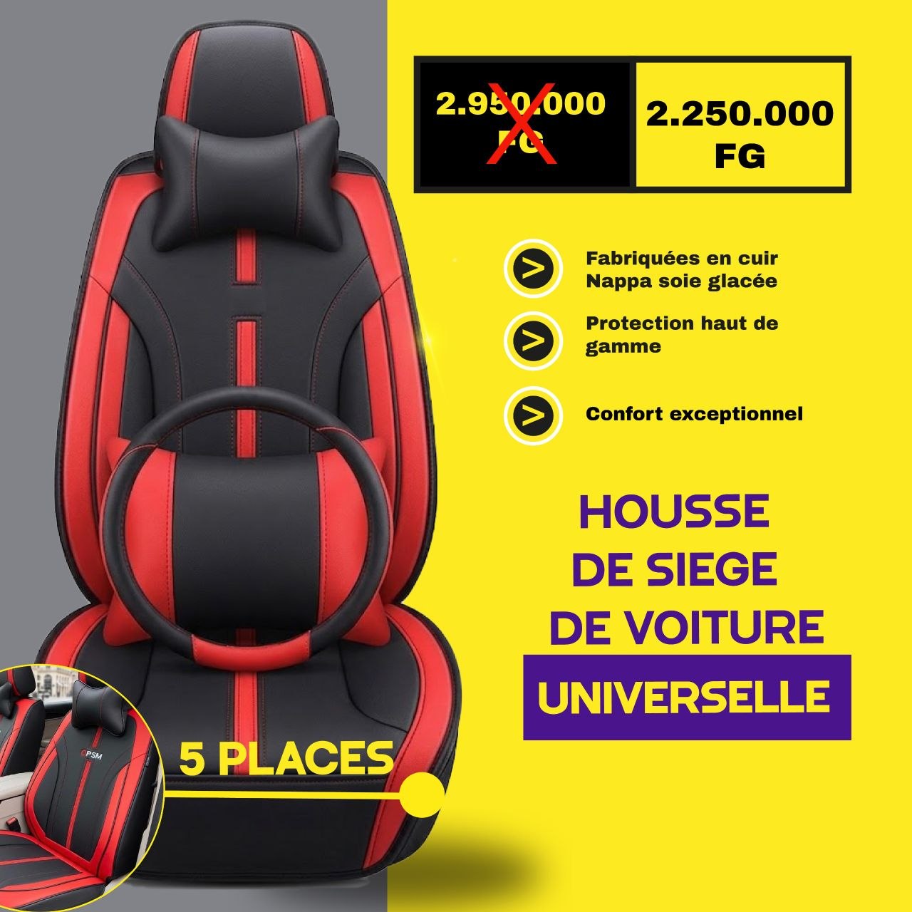 Fb- V2 - conakry - Housses de Siège Universelles 5 Places en Cuir