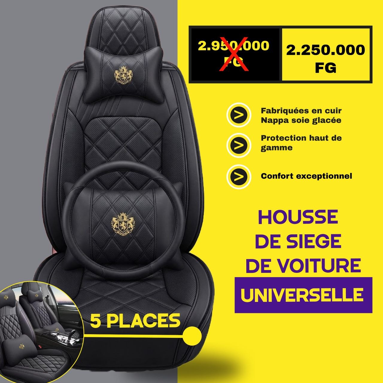 Fb- V2 - conakry - Housses de Siège Universelles 5 Places en Cuir