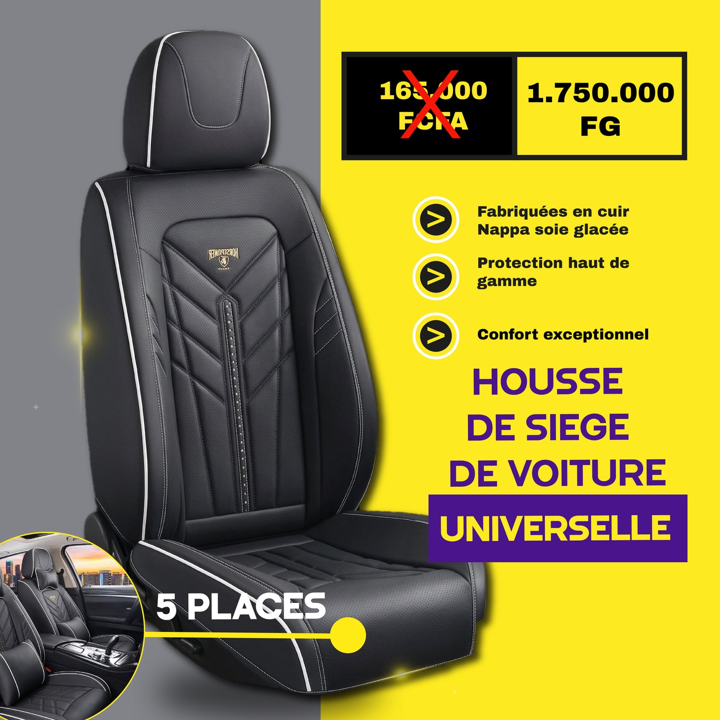 FB-Cr- Housses de Siège Universelles 5 Places en Cuir