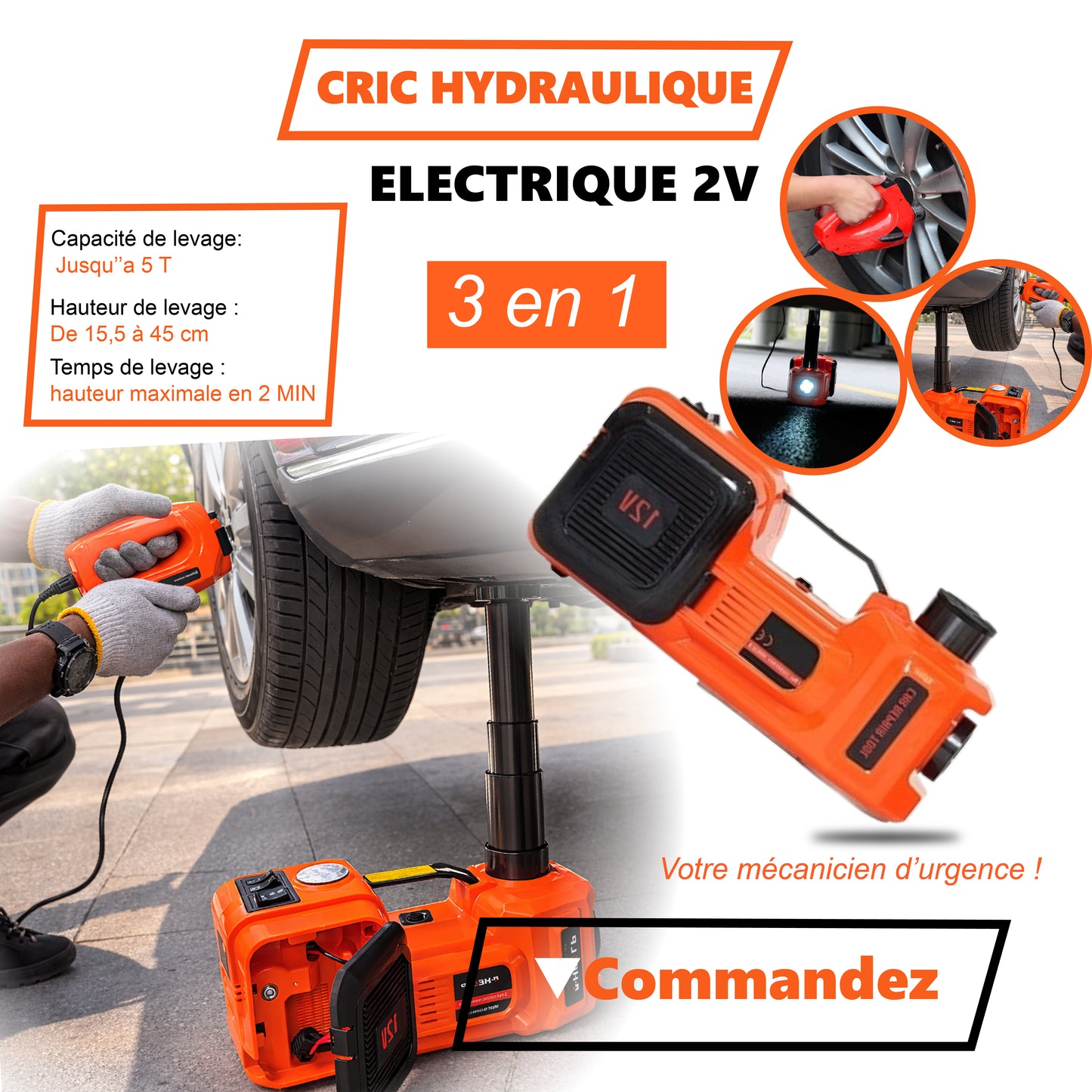 Tik - Kit d'urgence essentiels pour la réparation automobile🛠️ - Cric hydraulique électrique 12V pour voitures